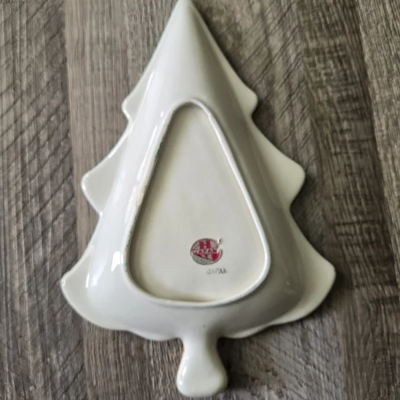 Vintage Japan Ceramic Christmas Tree Dish Blue Bell Pink Bow Hand Painted 10" - Picture 3 of 10